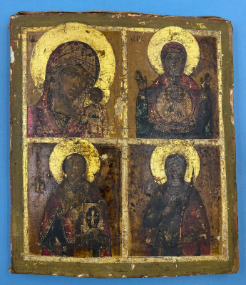 Четырёхчастная икона. Конец XVII начало XVIII века, школа Ушакова. Казанская Б.М., Знамение., Св.Николай Угодник., Святая Агафья.
