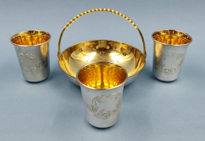 Серебряный набор: корзинка и три стопки. Киев, СССР, 1950 года.