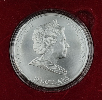 10 долларов. Меркурий, Бог торговли. О-ва Кука. 2008 г. Серебро 999 пробы.