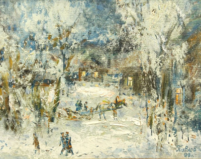 Павлов (Н/Х) "Вечер в деревне"1998 год. Из собрания Петровой Людмилы Петровой (1947-2019) Портвино. Культурный деятель России в Швейцарии.