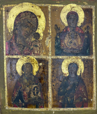Четырёхчастная икона. Конец XVII начало XVIII века, школа Ушакова. Казанская Б.М., Знамение., Св.Николай Угодник., Святая Агафья.